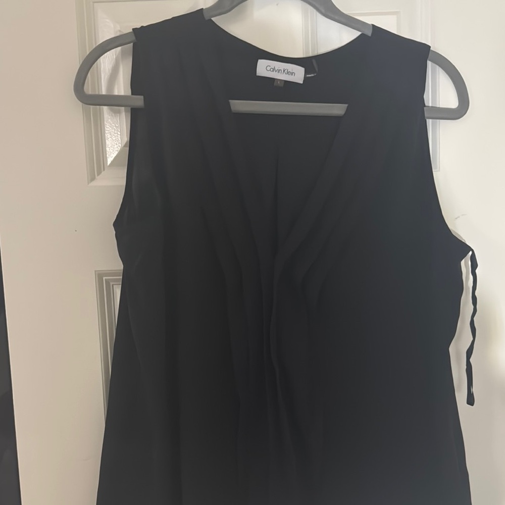 Calvin Klein Black Sleeveless Asymmetrical Tie Front Blouse